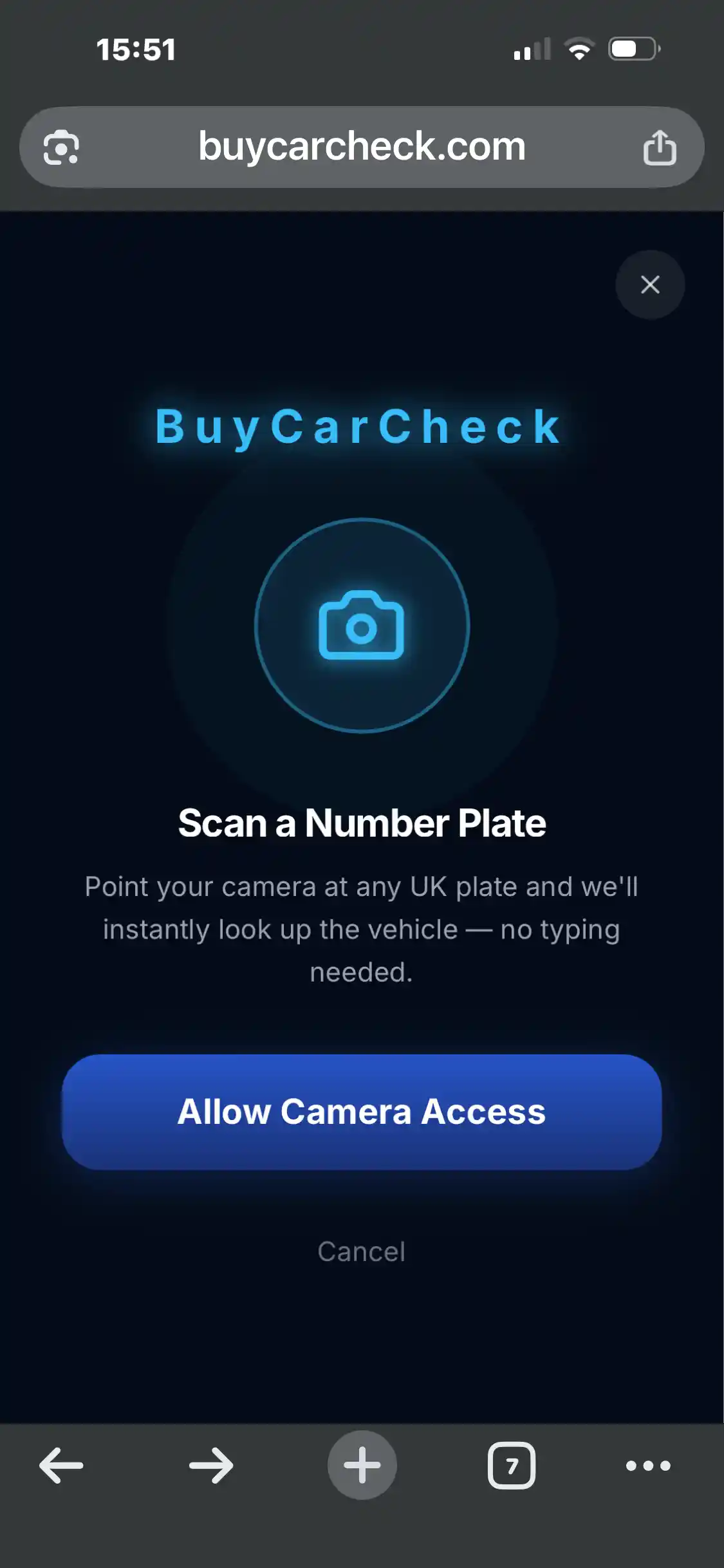 BuyCarCheck app screen with scanned plate pre-filled in the search field